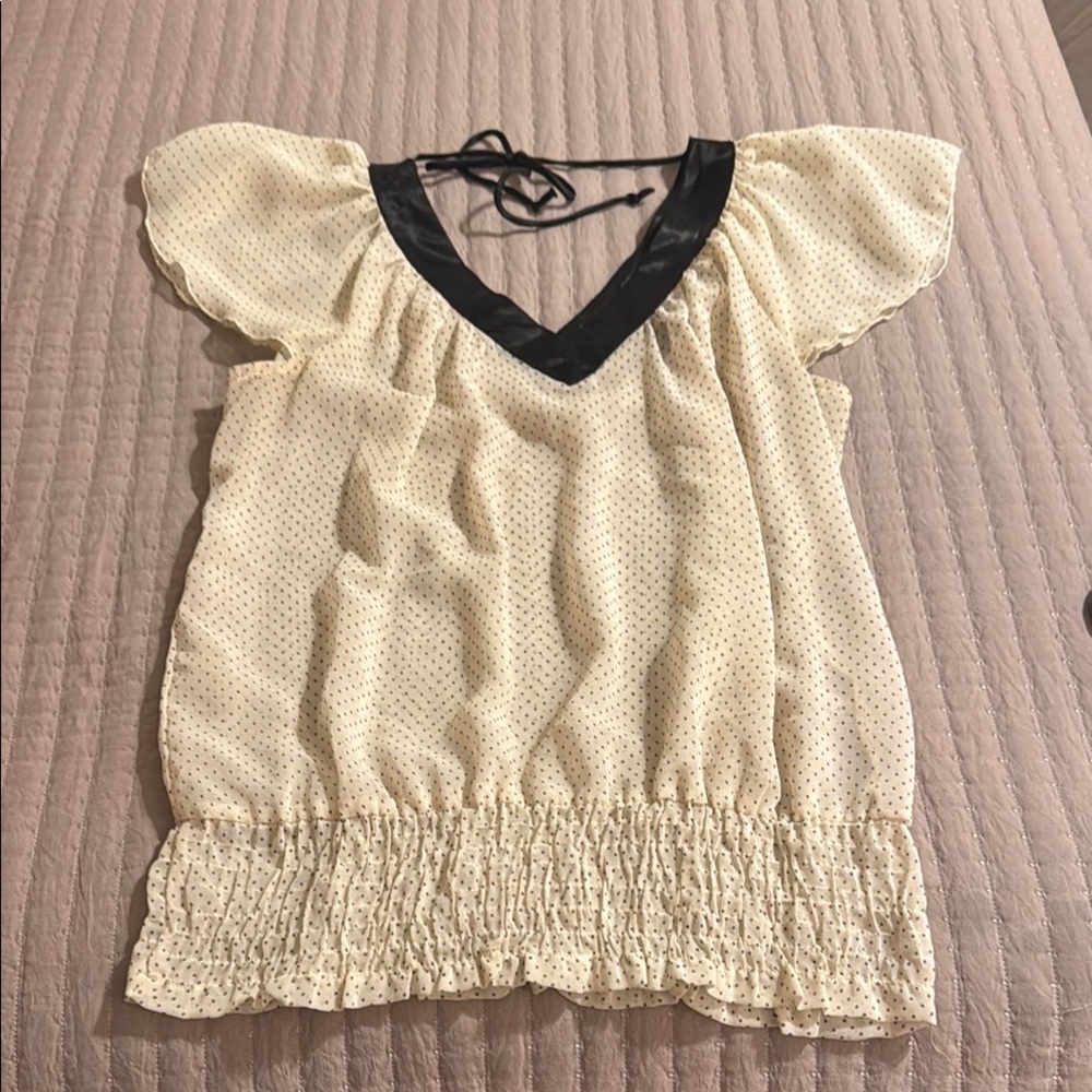 Cream and Black Flutter Sleeve Blouse with Smocked Tie Front
